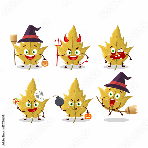 Halloween expression emoticons with cartoon character of maple yellow leaf