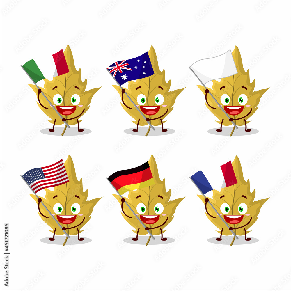 Maple yellow leaf cartoon character bring the flags of various countries