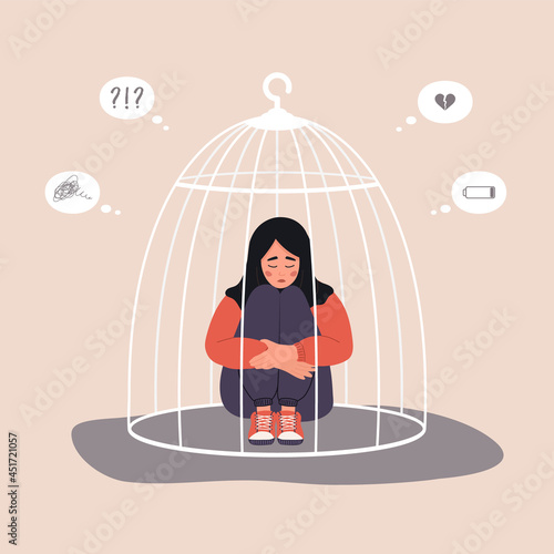 Islamic woman locked in cage. Unhappy female character in hijab sitting on floor and hugging knees. Female empowerment movement. Vector illustration in cartoon style.