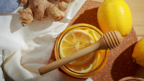 Lemon and natural honey, honey lemon, good treat to have vitamins and strong immunity.