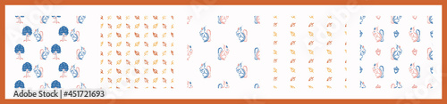 Whimsical style block print shape squirrel pattern set. Seamless lino cut retro all over print collection. Trendy playful baby nursery decor, scandi fashion, decorative lino cut. Vector swatch. 