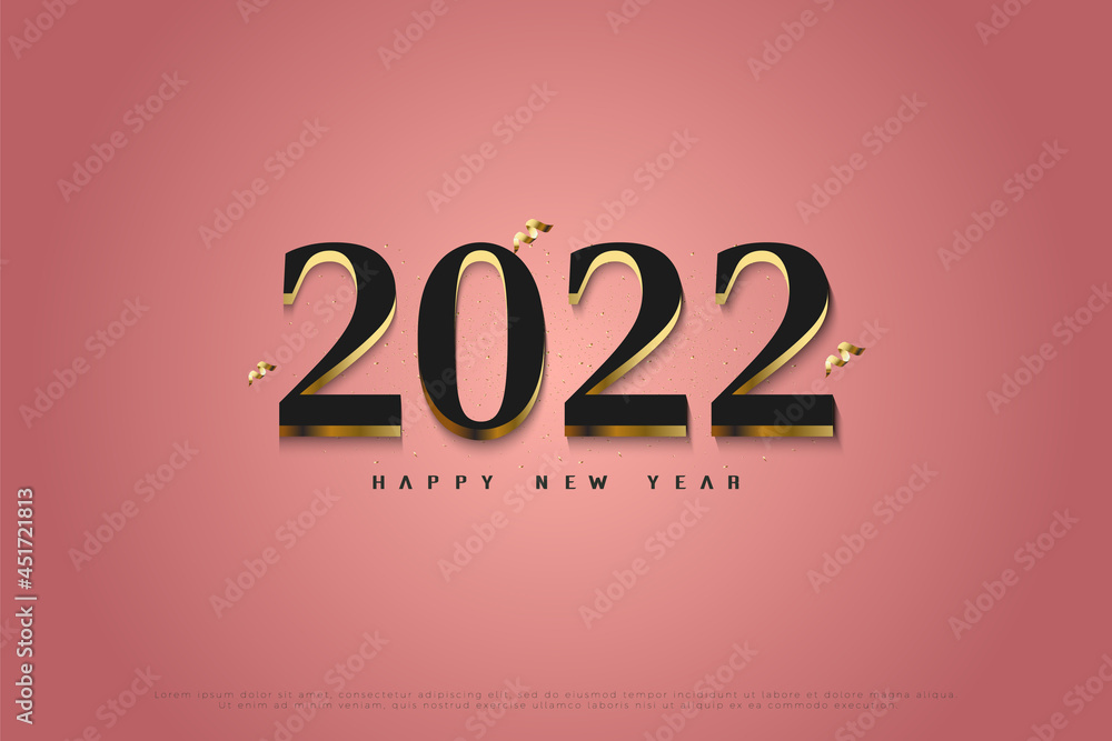 Happy new year 2022 on pink background and with golden shadows.