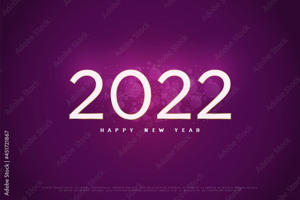 Happy new year 2022 on purple background and transparent bright bubbles.