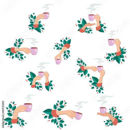 Set of illustrations of a female hand with a cup of coffee or tea with green leaves.