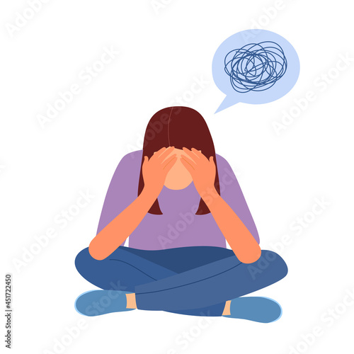 Anxious woman feeling sad and stress sitting on the floor in flat design. Female worries about her problem and got headache. Depression symptom.