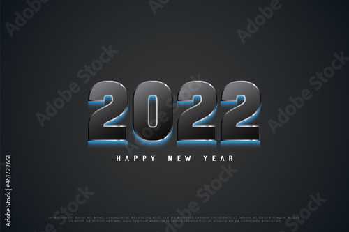 Happy new year 2022 with 3d numbers illustration with bright blue shadow.
