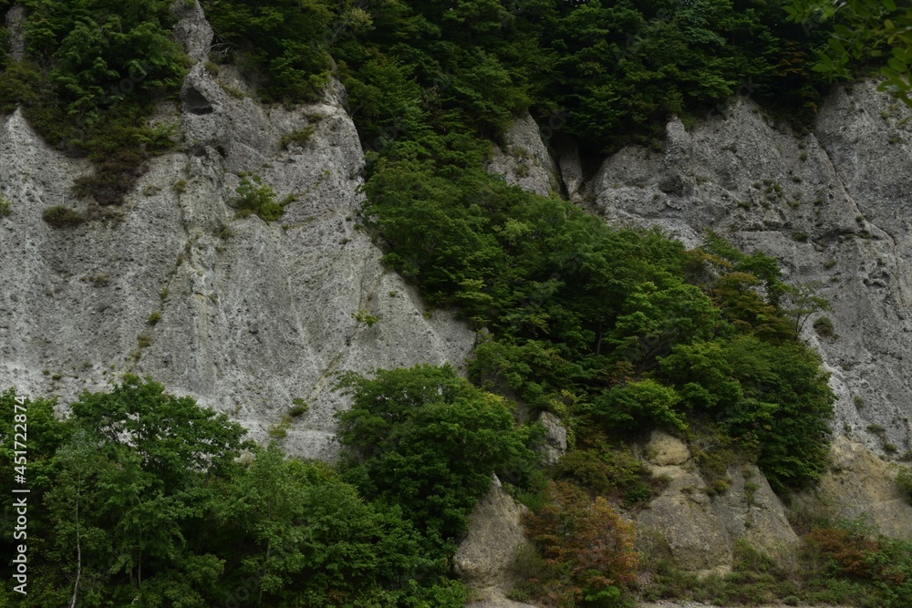 The beautiful rock cliff mountain with the deep green forest in Sapporo Japan