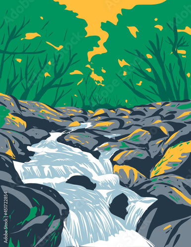 Art Deco or WPA poster of Becky Falls or Becka Falls on the Becka Brook over boulder-strewn river bed on Dartmoor National Park Devon England United Kingdom done in works project administration style.