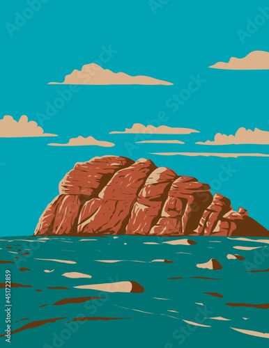 Art Deco or WPA poster of Haytor,  Haytor Rocks, Hay Tor or Hey Tor located on Dartmoor National Park, Devon, England, United Kingdom done in works project administration style.