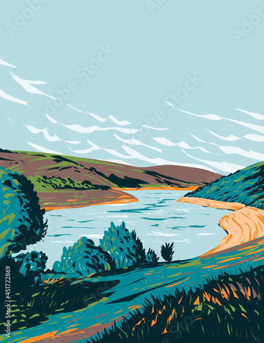 Art Deco or WPA poster of Meldon Reservoir near Okehampton on Dartmoor National Park, Devon, England, United Kingdom done in works project administration style.