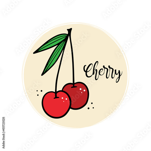 Cute doodle, outlined red cherry vector cartoon style icon, sticker, illustration.
