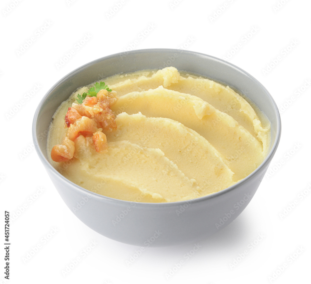 Bowl of tasty mashed potatoes with garlic on white background Bowl of tasty mashed potatoes with garlic on white background