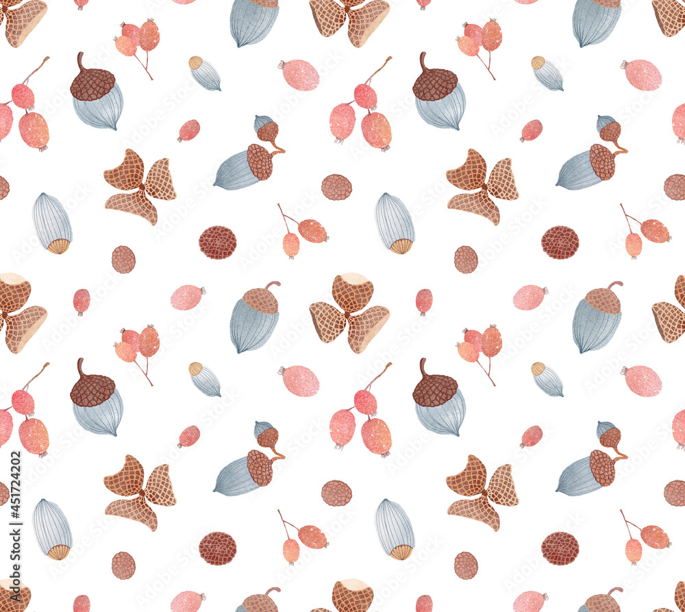 Watercolor hand drawn autumn seamless pattern with illustration of acorns, hawthorn berries on a branch. Vintage collection isolated on white background. Watercolor hand drawn autumn seamless pattern with illustration of acorns, hawthorn berries on a branch. Vintage collection isolated on white background.