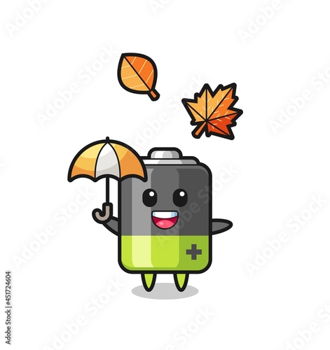 cartoon of the cute battery holding an umbrella in autumn
