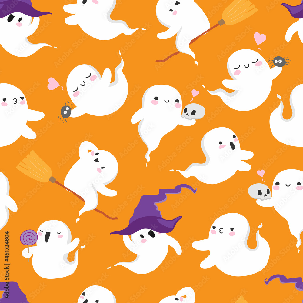 Naklejka premium Halloween ghosts seamless pattern on orange. cute kawaii spirit background. stock vector flat cartoon illustration. 