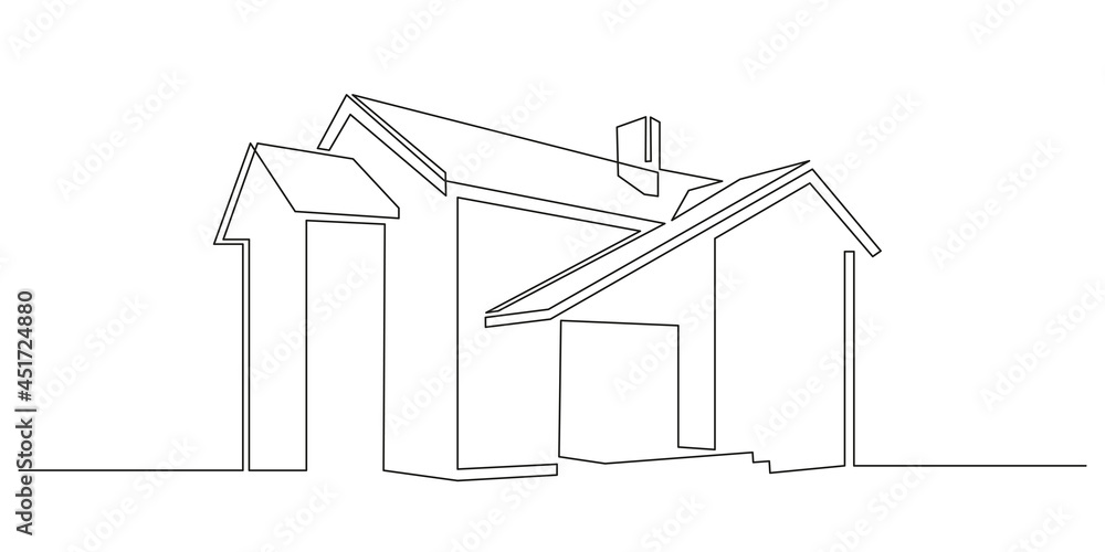 One continuous line drawing of silhouette modern house. Fashionable concept of Home architecture in minimalistic black linear design. Doodle Vector illustration