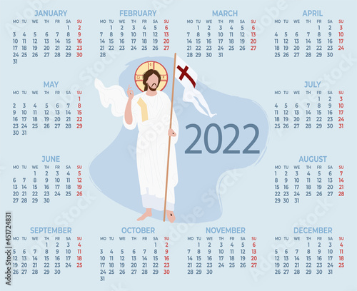 2022. Annual Religious Calendar with Jesus Christ the Savior. Vector illustration. Horizontal template for 12 months in English. Week on Monday. Religious concept for Catholic and Christian believers