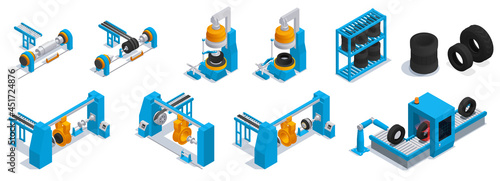 Colored Isometric Tire Production Service Icon Set