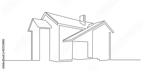 One continuous line drawing of silhouette modern house. Fashionable concept of Home architecture in minimalistic black linear design. Doodle Vector illustration