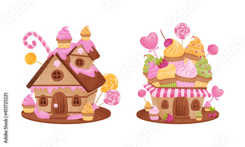 Cute pink candy houses set. Lovely cottages made of cupcakes and candies cartoon vector illustration
