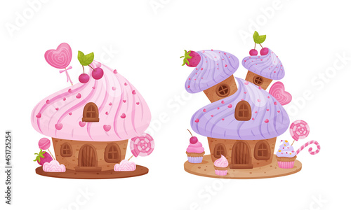Cute little candy houses set. Lovely pink cottages made of sweets cartoon vector illustration