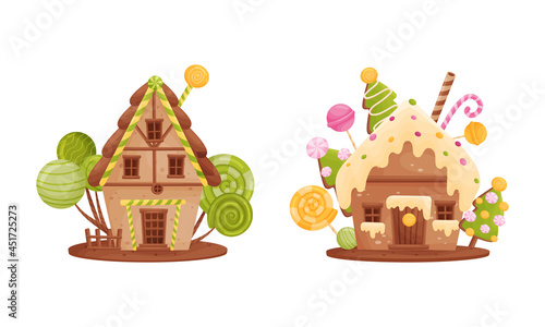 Cute little candy houses set. Lovely cottages made of sweets cartoon vector illustration