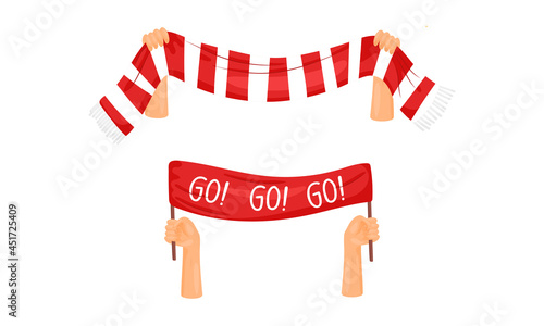 Soccer football fan attributes set. Hands holding red and white scarf and banner cartoon vector illustration