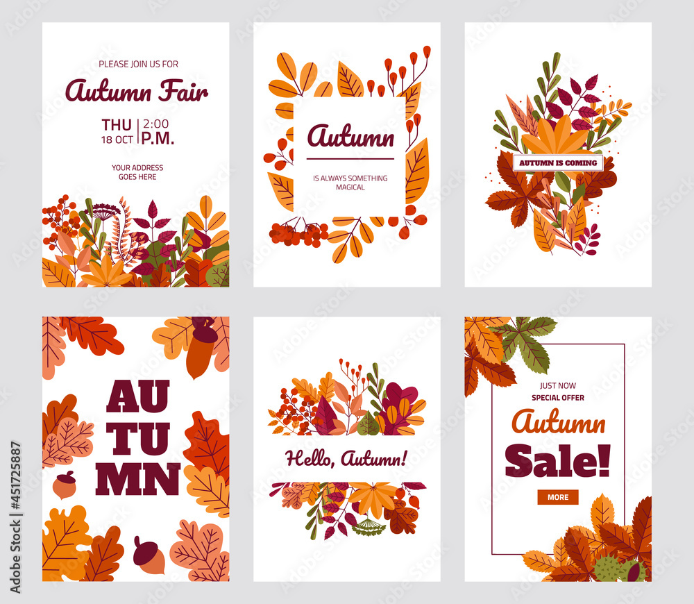 Fototapeta Autumn foliage posters. Fall discount and special offer banners with red or yellow leaves. Maple or oak plants. Sale flyers design template with lettering. Vector coupon ticket set