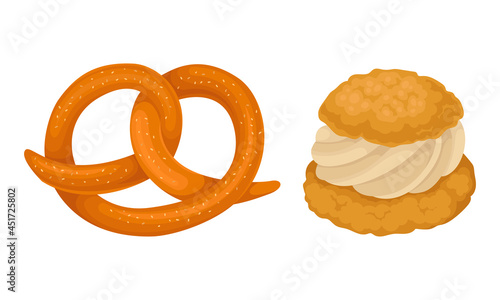 Baked products set. Fresh pastry bagel and cupcake cartoon vector illustration
