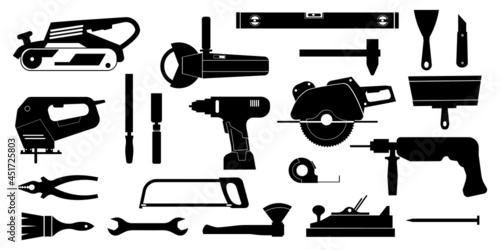 Black construction tools. Home repair and building instruments for workers and engineers. Silhouette icons of workman hardware. Carpentry and engineering equipment. Vector signs set