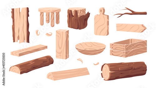 Wood products. Cartoon wooden lumber. Plank and stump. Carpentry industry woodwork collection of forestry materials. Box and stool. Handmade carving dishes. Vector craft elements set
