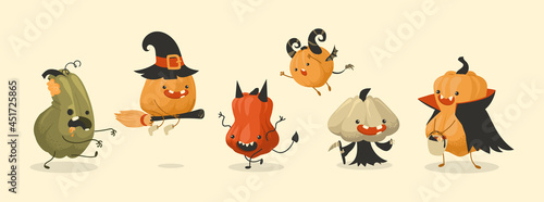 Fototapeta Naklejka Na Ścianę i Meble -  Pumpkin monsters. Cartoon autumn Halloween holiday food mascots set. Scary squashes with funny faces. Isolated spooky gourds in festival costumes. Vector fearful October characters