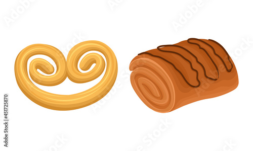 Baked products set. Sweet wheat pastries, bagel and roll cartoon vector illustration
