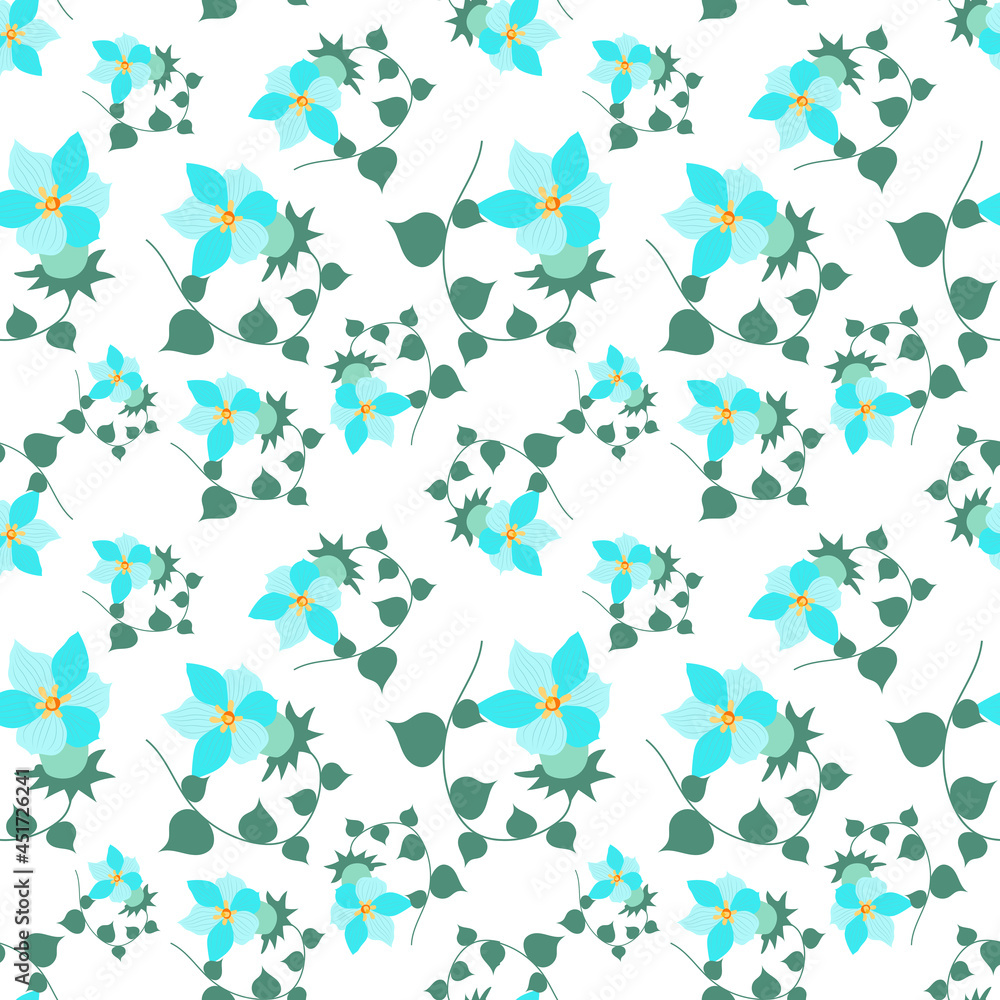 Summer flowers and leaves pattern seamless. Abstract blue bloom flowers and swirling green twigs with leaves endless ornate. Summertime botanical wallpaper. Vector illustration with floral texture Summer flowers and leaves pattern seamless. Abstract blue bloom flowers and swirling green twigs with leaves endless ornate. Summertime botanical wallpaper. Vector illustration with floral texture