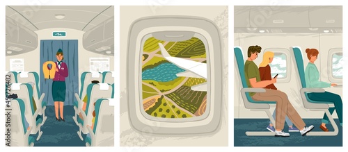 People sit in airplane while flying vector illustration set. Air plane cabin interior. Flight attendant explains air safety rules. Landscape view from aircraft window