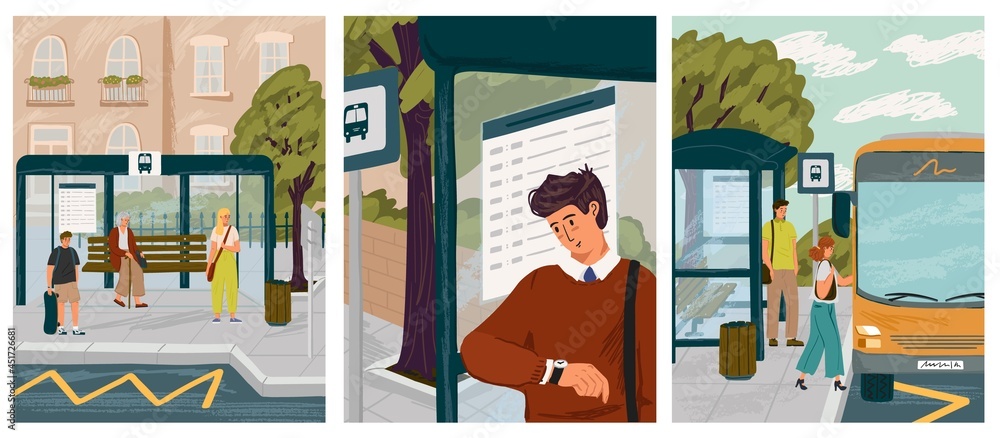 People waiting in queue on bus stop vector illustration set. Man looks ...