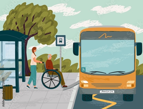 Woman helps disabled senior man in wheelchair to board bus concept vector illustration. Bus ramp for wheelchair. Accessibility of public city transport. Bus stop
