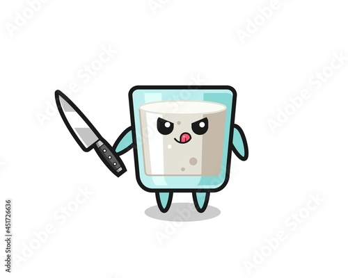 cute milk mascot as a psychopath holding a knife