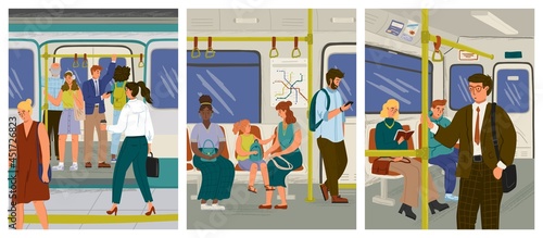 People travel by subway train vector illustration set. Passengers on crowded platform boarding metro train. City underground public transport. People watching mobile phone and reading while commute