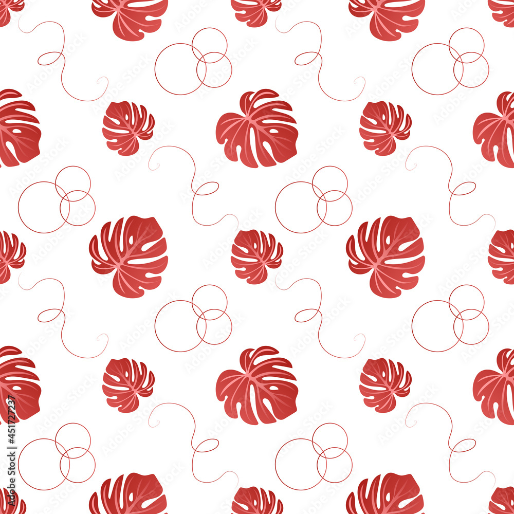 Autumn leaves pattern seamless. Abstract exotic red monstera leaves and geometric shapes endless ornate backdrop. Seasonal leafage at botanical wallpaper. Vector illustration with floral texture