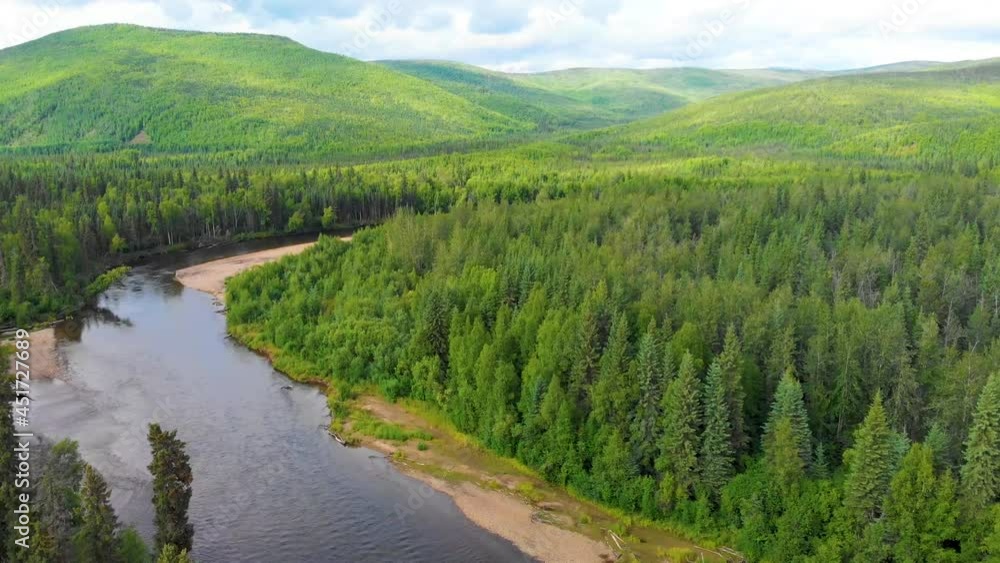 4K Drone Video of Beautiful Chena River as it runs through Pine Tree Covered Mountains near Chena Hot Springs, Alaska in Summertime 4K Drone Video of Beautiful Chena River as it runs through Pine Tree Covered Mountains near Chena Hot Springs, Alaska in Summertime