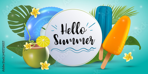 Hello summer banner template with popsicle ice cream, coconut coctail and palm leaves. Typography badge. Vector