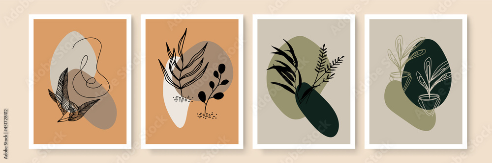 Trendy abstract boho poster templates. Botanical wall art vector set. Foliage line art drawing with abstract shape. Abstract Plant Art design for print, cover, wallpaper, Minimal and natural wall art.