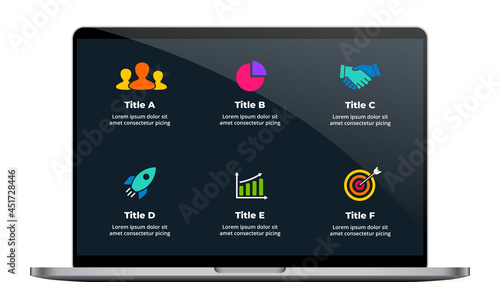 Macbook mock up. Laptop infographic slide template. 6 steps, parts, options. Color business icons. Electronic device presentation. User interface and experience notebook screen. 