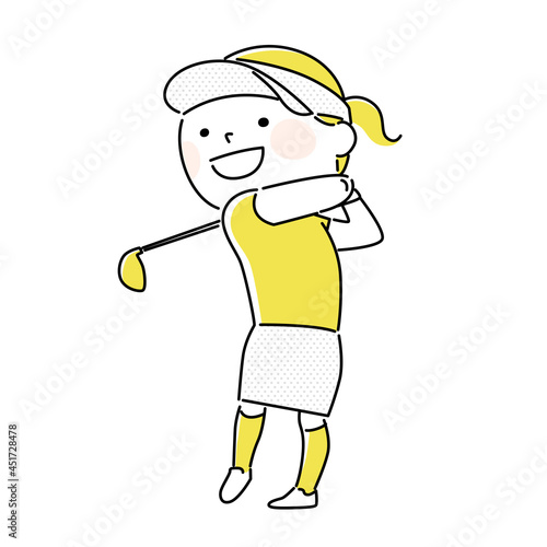 ゴルフのイラスト。ゴルフクラブでスイングしてる若い女性。
