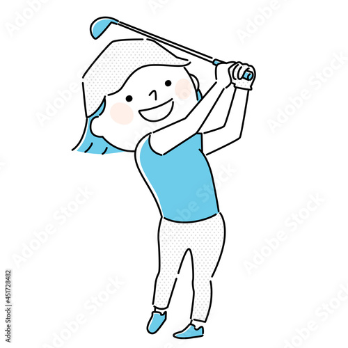 ゴルフのイラスト。ゴルフクラブでスイングしてる若い女性。