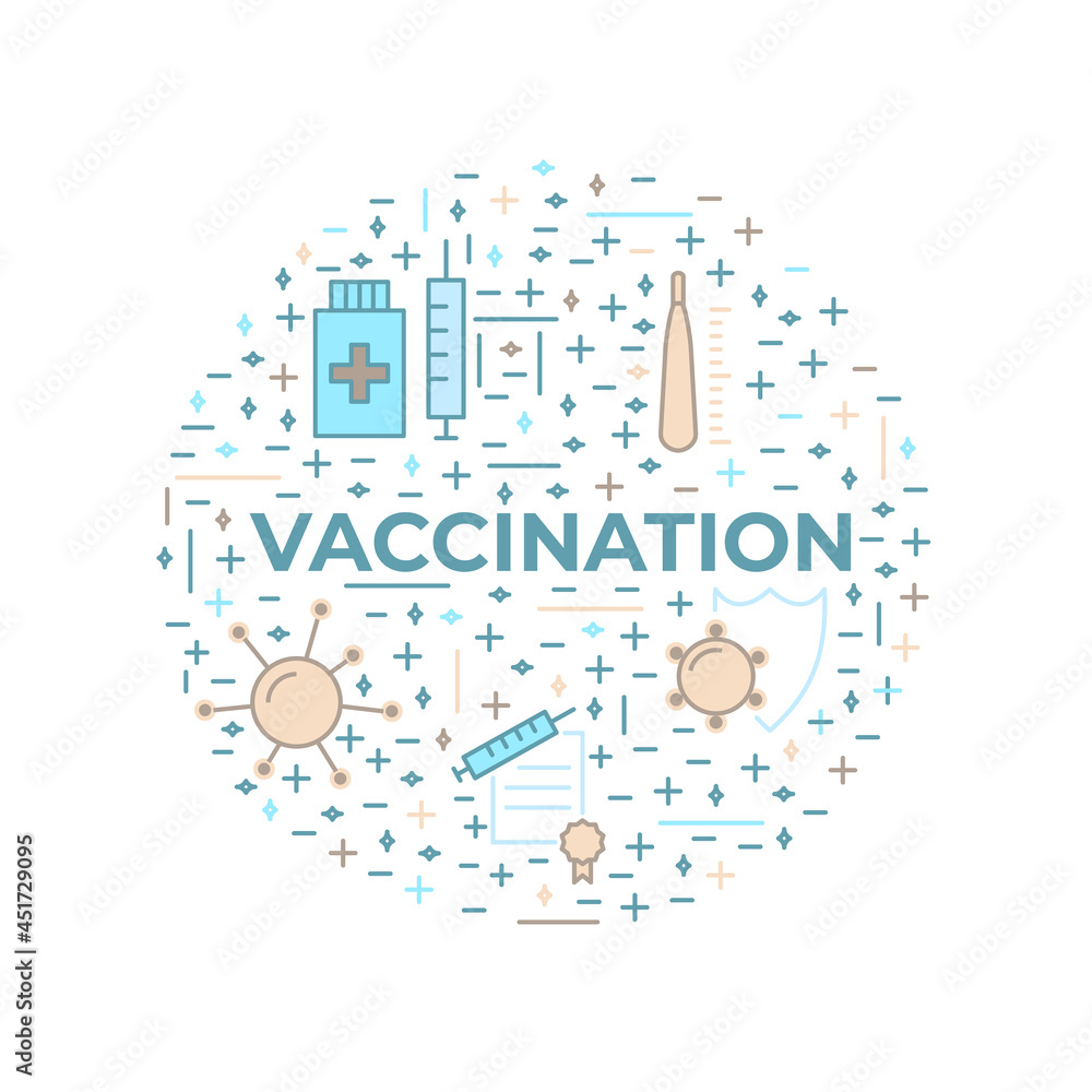 Vaccination, immunization line style icon design element. Vaccines against virus, vaccination sheldule, anti vaccine, shield virus. Flu, hepatitis, measles covid prevention. Flat vector illustration