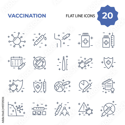 Vaccination and immunization line icon set. Collection of linear symbols. Vaccines against virus, vaccination sheldule, anti vaccine, shield virus. Flu, hepatitis, measles covid prevention