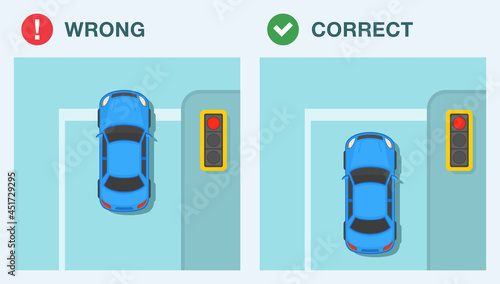Driving a car. Stop line rule. Blue sedan car stopped at red traffic light. Top view. Flat vector illustration template.