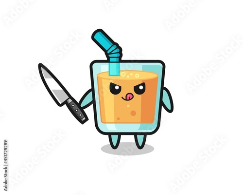 cute orange juice mascot as a psychopath holding a knife